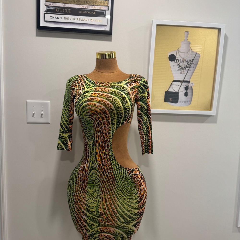 Vibrant Green and Orange Cut-Out Dress